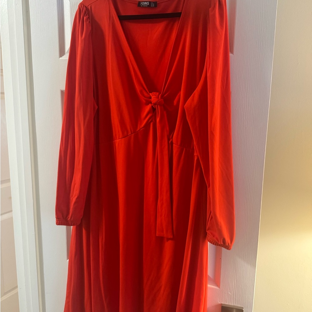 YOINS Red Wrap Tie Front Bishop Sleeve Dress